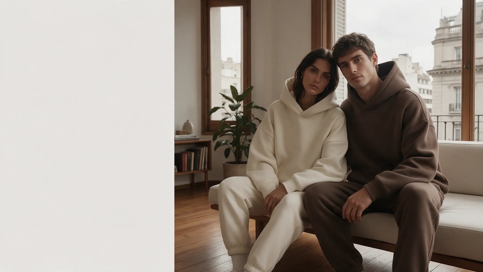 Dos personas usando hoodies oversized en tonos bone y espresso