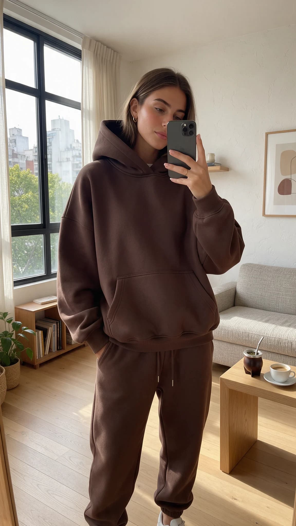 Concepto de contenido vertical usando un hoodie espresso oversized